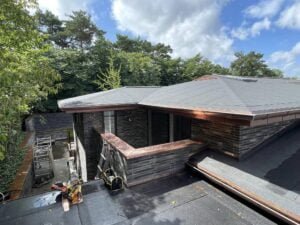 Modern house roof with tools and trees.